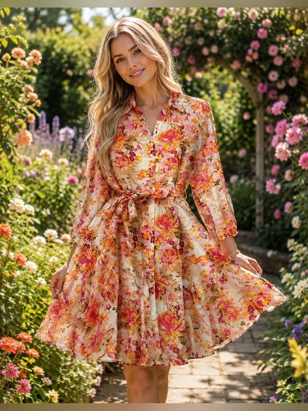 CeCe Ivory Dress with Orange and Pink Floral Accents